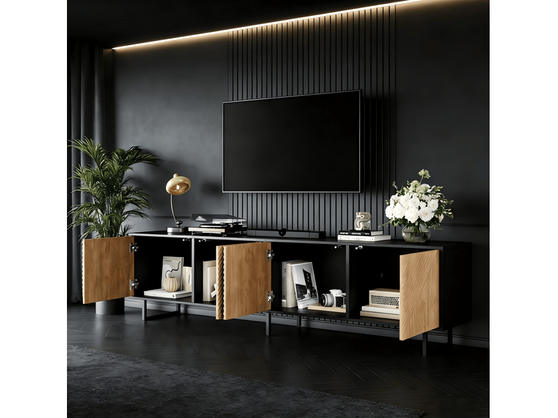  Meuble tv rangement salon 180 40 50 cm 4 portes bois naturel noir metal grand homvra  - Conforama D