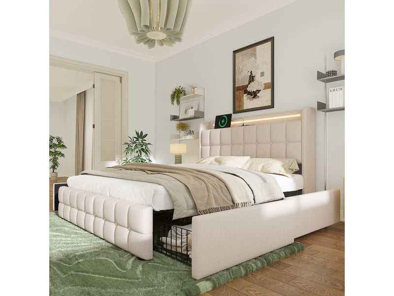  Lit avec 4 tiroirs 200×160 cm, tête de lit avec prises et usb, éclairage led, sans matelas, beige  - Conforama C