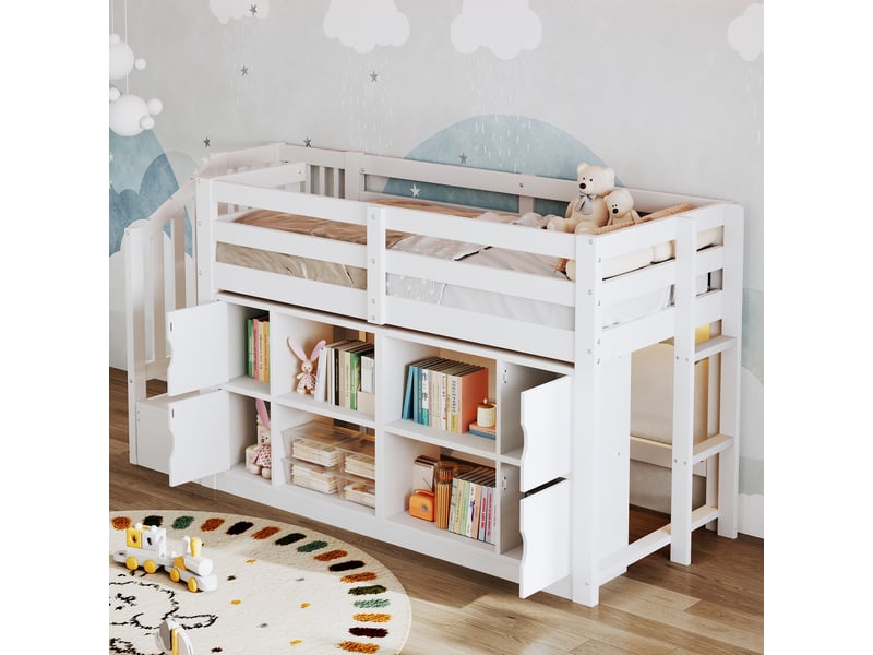  Lit mezzanine 90x200 cm blanc, avec rangements, étagères, escalier de rangement, led, sommier inclus, sans matelas  - Conforama R