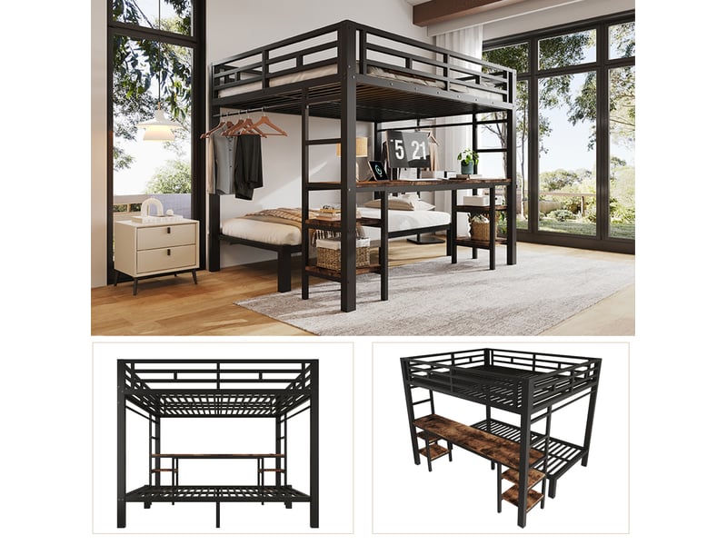  Lit superposé 140x200 et 90x200 cm, bureau, penderie, prises usb, deux échelles, métal noir, sans matelas  - Conforama E