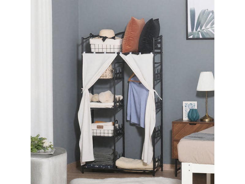 Armoire chambre adulte penderie vêtement dressing multi rangements 5 étagères 84l x 42l x 159h cm blanc métal noir 2 rideaux  - Conforama D