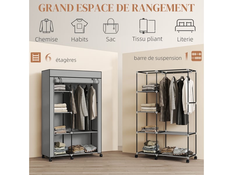 Armoire penderie en tissu meuble de rangement 6 roulettes tringle à vêtements et étagères ouvertes 103x43x162,5cm gris  - Conforama E