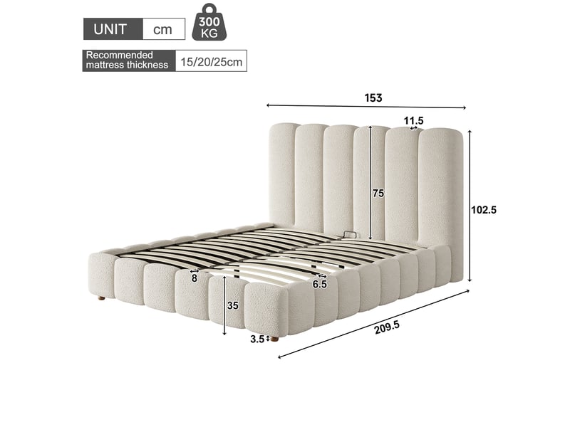  Lit coffre rembourré 140x190 cm, rangement hydraulique, tête de lit capitonnée à rayures verticales, sommier à lattes, bouclé blanc Radiant Stride - Conforama C