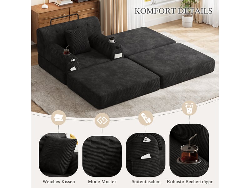  Fauteuil-lit 1 place avec repose-pieds 107x162x81 cm, couchage 191 cm, velours côtelé noir sans matelas  - Conforama E