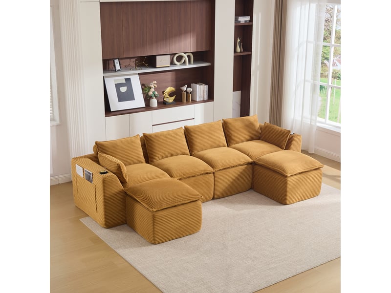 Canapé modulable 4 places en velours côtelé orange avec 2 poufs - Conforama C