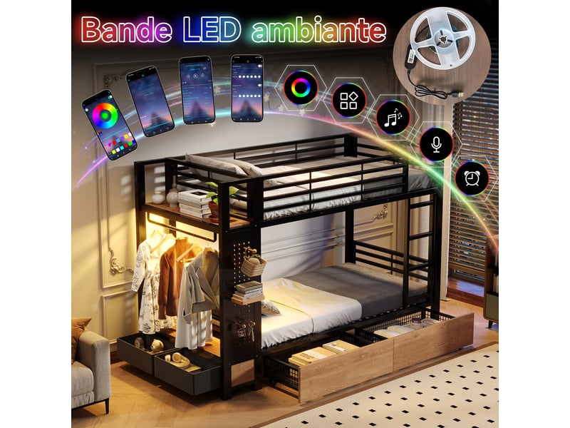 Lit superposé 90x200 cm, structure en fer, 4 tiroirs, rangements, bandeau led, panneau perforé, penderie, noir - Conforama E