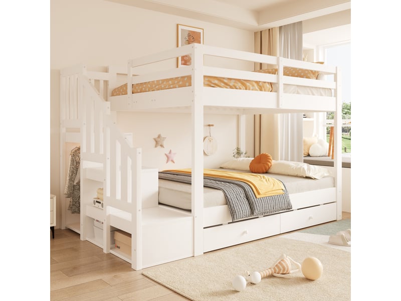 Lit superposé - 140x200 cm - tiroirs de rangement - escalier avec rangement - sommier à lattes - garde-corps - bois et mdf - blanc CozyNest - Conforama B