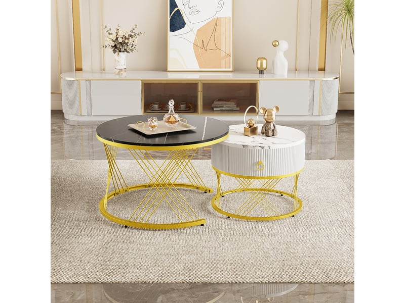  Table basse gigogne lot de 2, effet marbre, décor doré, avec tiroirs  - Conforama B