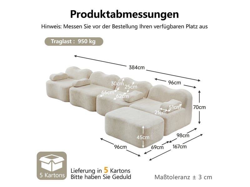  Canapé d’angle modulable 4 places avec pouf, forme ondulée, velours beige  - Conforama E