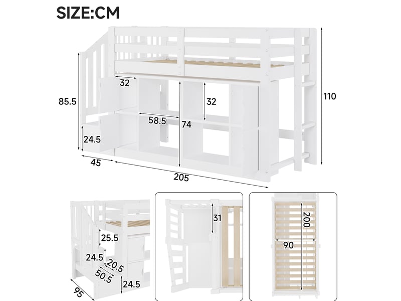 Lit surélevé 90x200 cm blanc avec escalier de rangement et éclairage led - Conforama C