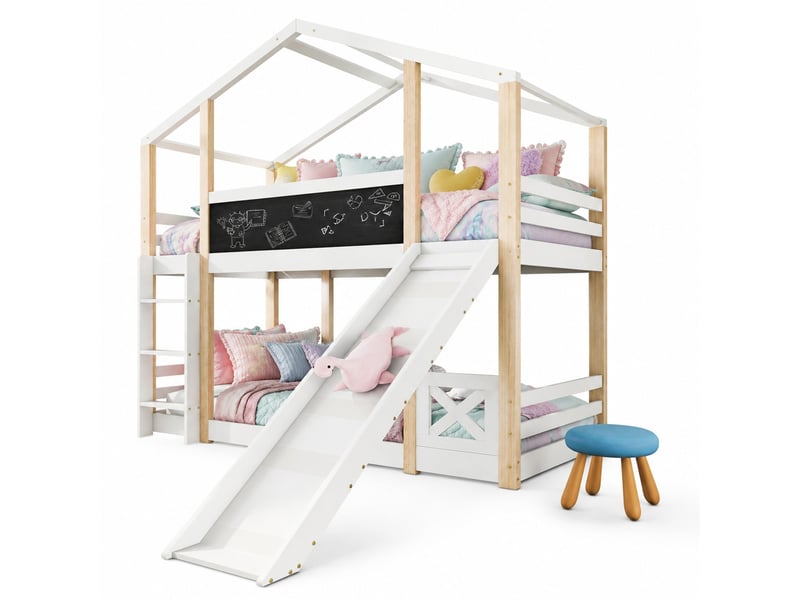 Lit superposé enfant 90x200 cm – blanc et bois naturel – toboggan amovible, échelle et tableau noir intégré - Conforama A