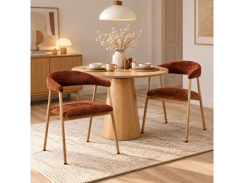  Chaises de salle à manger lot de 2 rembourrée en chenille, pieds en métal effet bois, rouge  - Conforama B