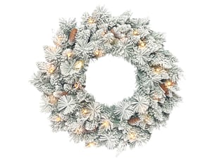 Couronne de noël lumineuse 60 cm avec 35 led blanc chaud, minuterie, pommes de pin, 98 pointes, vert et blanc