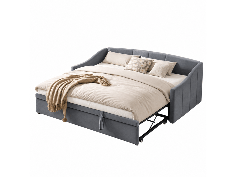 Canapé-lit 90/180 x 200 cm, lit de jour convertible pour 2 adultes, lit rembourré avec lit d'appoint coulissant et sommier à lattes, convertible en lit d'appoint, velours, gris, sans matelas - Conforama A