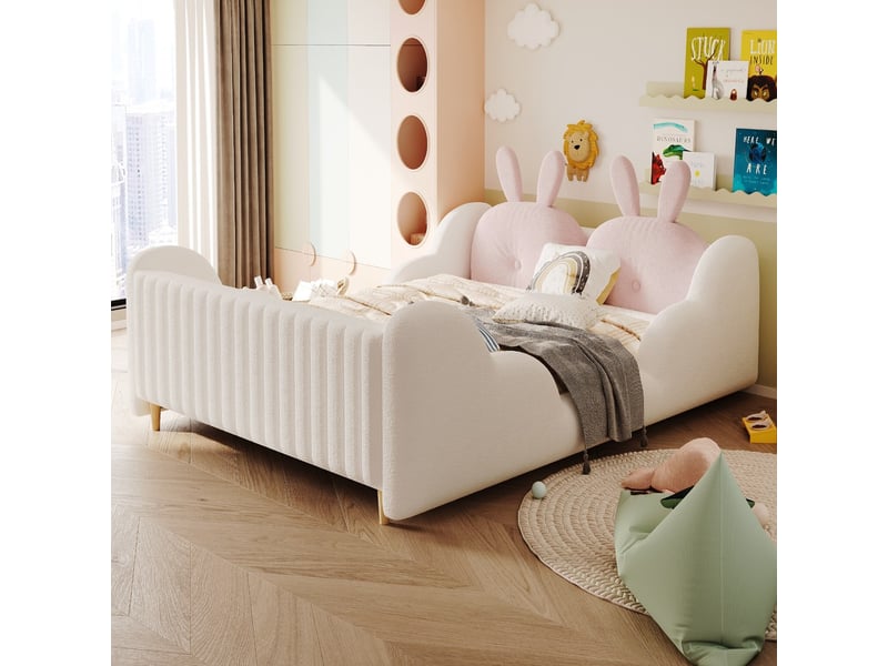 Lit rembourré double 140 x 200 cm avec coussins en forme de lapin, côtés en forme de nuage, plateforme mignonne en velours teddy, blanc, sans matelas  - Conforama D