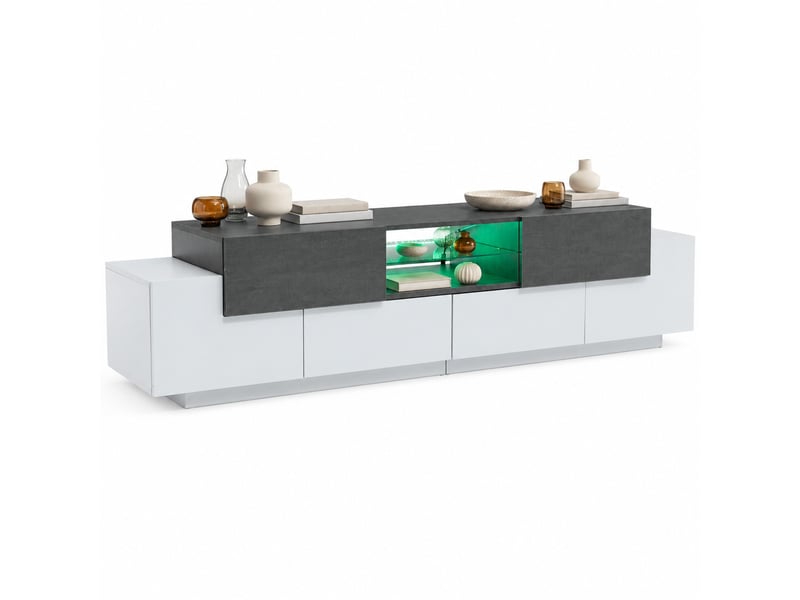  Meuble tv avec 4 portes 2 tiroirs 3 niches et étagère en verre led rgb pour salon blanc et gris 180×40×45 cm  - Conforama A