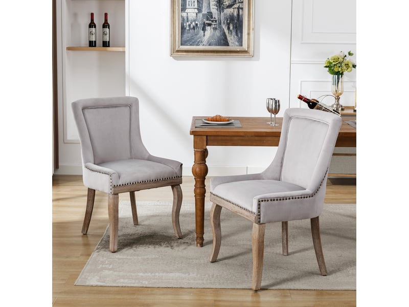  Chaise salle a manger velours rembourree bois massif grise dossier courbe homvra  - Conforama D