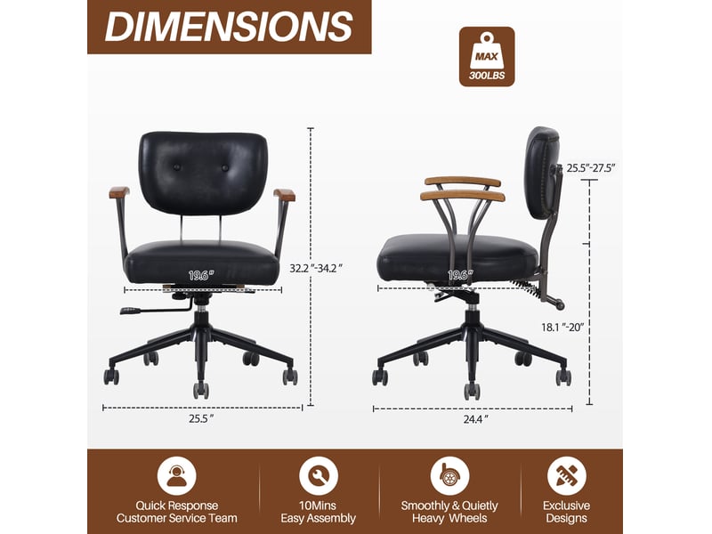  Chaise de bureau ergonomique réglable en hauteur, pivotante à 360° avec roulettes, accoudoirs en bois, cuir noir  - Conforama C
