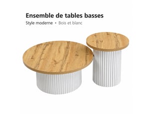Ensemble de 2 tables basses rondes en mdf effet bois naturel avec rangement, ø 75 et 45 cm