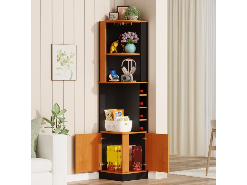 Armoire à vin d'angle noire 40x40x182cm, meuble bar avec porte-verres et étagères, meuble de rangement cuisine gain de place - Conforama C