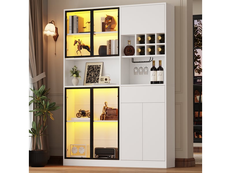 Vitrine 140x30x200 cm en panneau de particules, 7 portes dont 4 en verre trempé, led app, 1 tiroir, porte-verres et 9 niches - blanc - Conforama B