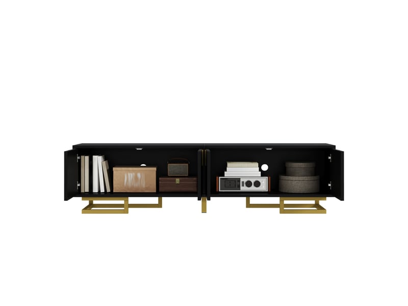  Meuble tv noir 160 cm avec portes texturées et pieds dorés  - Conforama W
