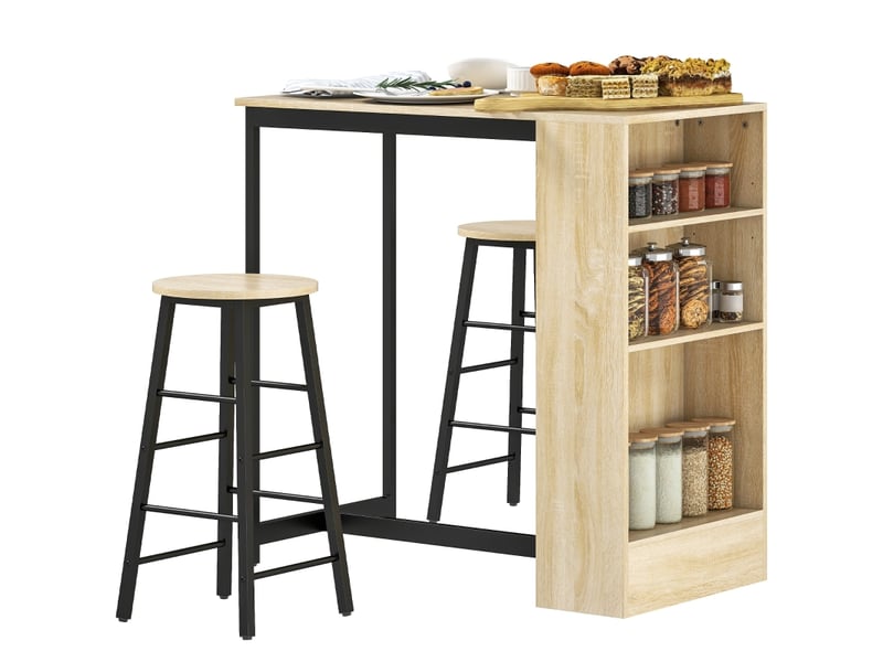  Ensemble bar,91x49x91 cm,3 pièces avec 2 tabourets et rangement,noir effet chêne  - Conforama A