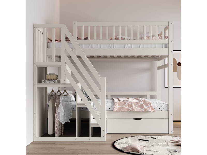 Lit superposé 90 x 200 cm, couchages superposés, escalier, tiroirs de rangement, sommier à lattes, pour la chambre, bois massif, blanc ABC - Conforama E
