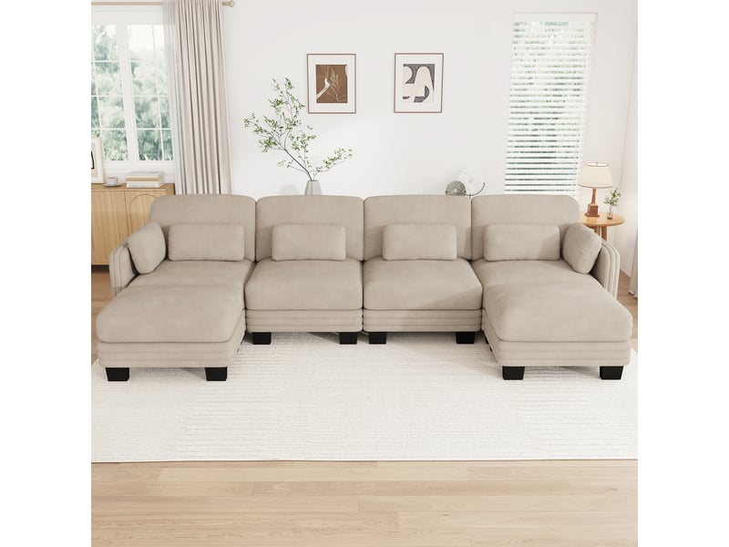  Canapé modulable en u - 4 places - 2 ottomans - assise profonde - tissu chenille - structure en bois massif - brun clair CozyNest - Conforama B