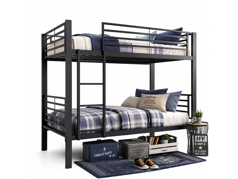  Lit superposé 90x200 cm en métal noir avec échelle réversible  - Conforama A