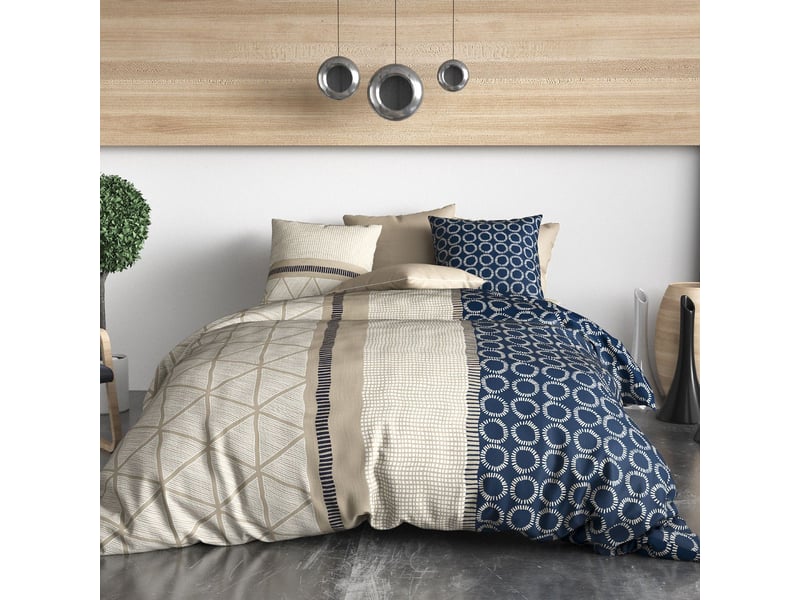  Parure housse de couette 240x220cm + 2 taies motif graphique bleu et beige 100% coton - malvina MALVINA - Conforama A