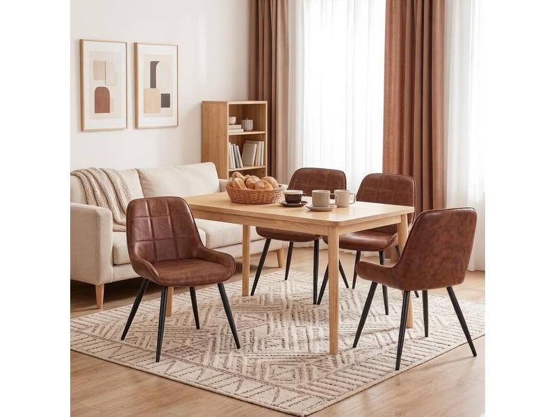  Lot de 4 chaises de salle à manger en similicuir marron, pieds en métal noir  - Conforama D