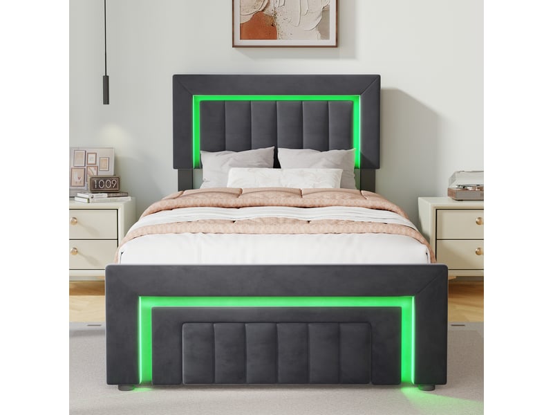 Lit rembourré 90×190 avec coffre, lit fonctionnel type boxspring avec led et tiroirs, en velours gris, sans matelas  - Conforama B