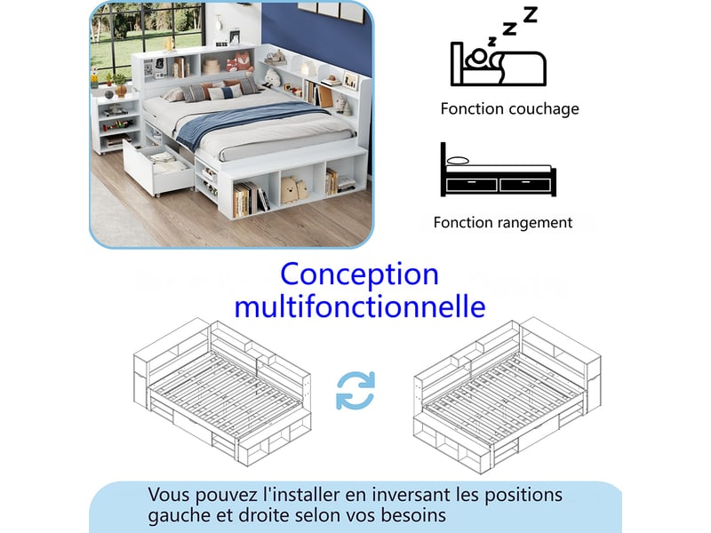 Lit enfant 140x190cm, lit double avec tiroirs et étagères de rangement, cadre de lit avec tables de chevet, sommier à lattes, blanc  - Conforama D