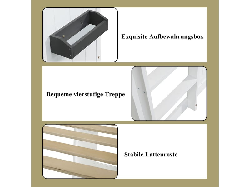  Lit superposé 90x200cm - cabane escalier &amp; fenêtres - lit superposé enfant - bois de pin massif blanc barrière sécurité en747 + gris  - Conforama D