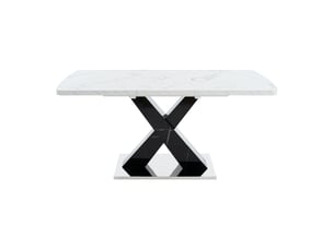 Table extensible plateau effet marbre imprimé piètement mdf noir en x base métal table de salle à manger