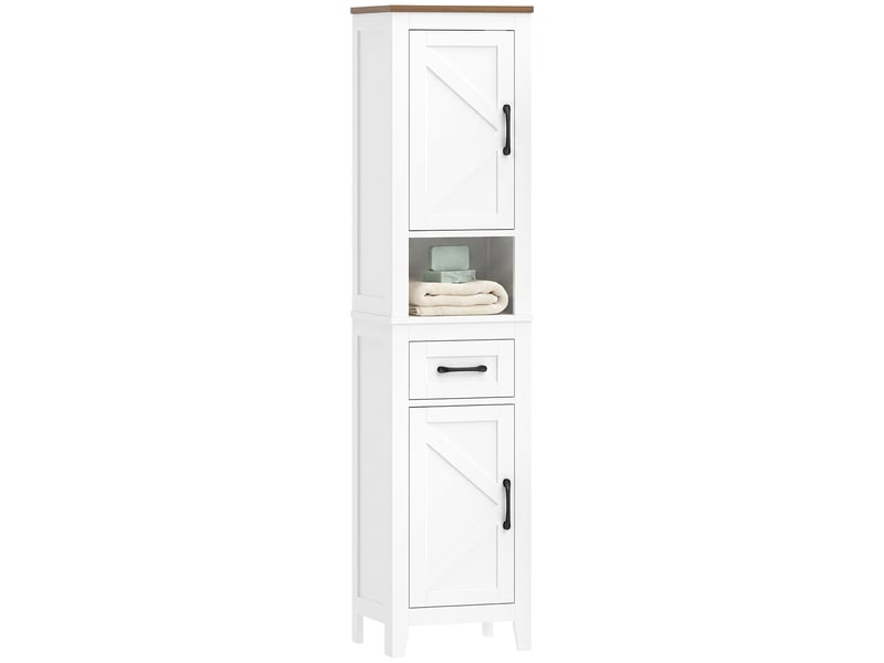  Meuble de salle de bain haut et étroit de style campagnard avec tiroir, compartiment ouvert, portes et étagères réglables, 34,5 x 30 x 148 cm, blanc  - Conforama B