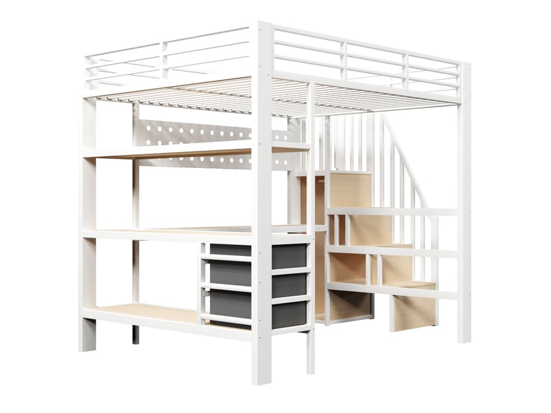  Lit mezzanine métal blanc 140x200 cm avec bureau led tiroir panneau perforé prise  - Conforama E