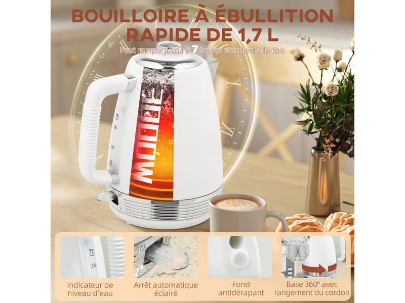 Ensemble bouilloire et grille-pain, blanc, bouilloire en acier inoxydable 1,7 l et 2200 w et grille-pain à 4 tranches - Conforama A