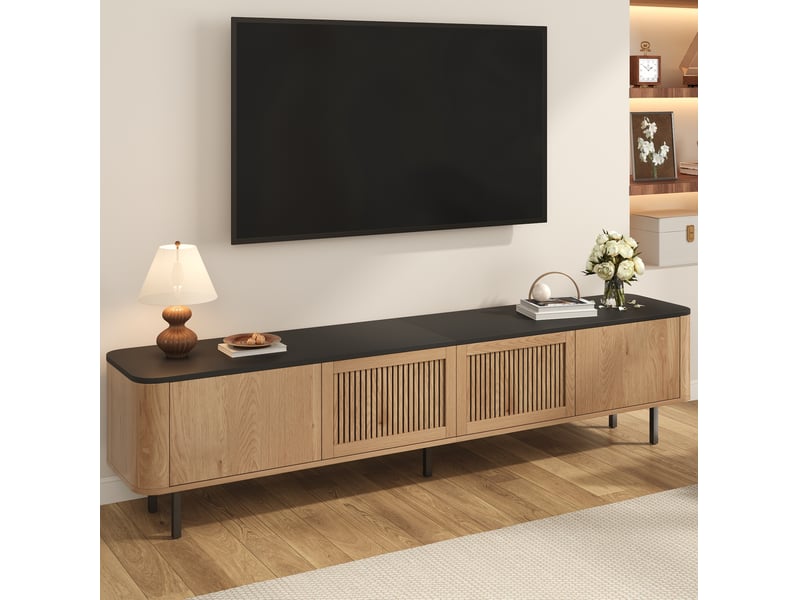 Meuble tv avec portes grillagées et compartiments de rangement, pieds en métal, pour salon, chêne, 190 × 35 × 45 cm - Conforama B