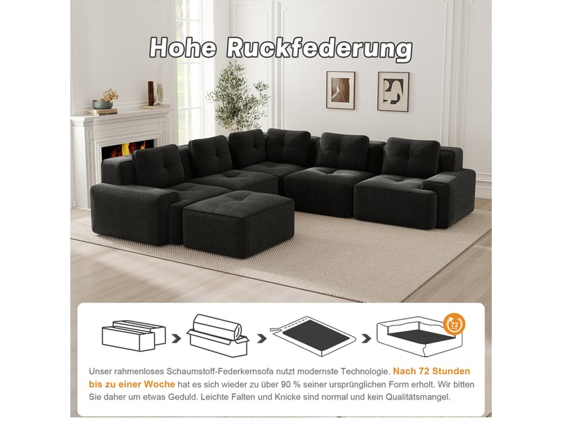  Canapé d’angle modulaire sans cadre, assise profonde antidérapante - lpospi - velours côtelé noir  - Conforama E