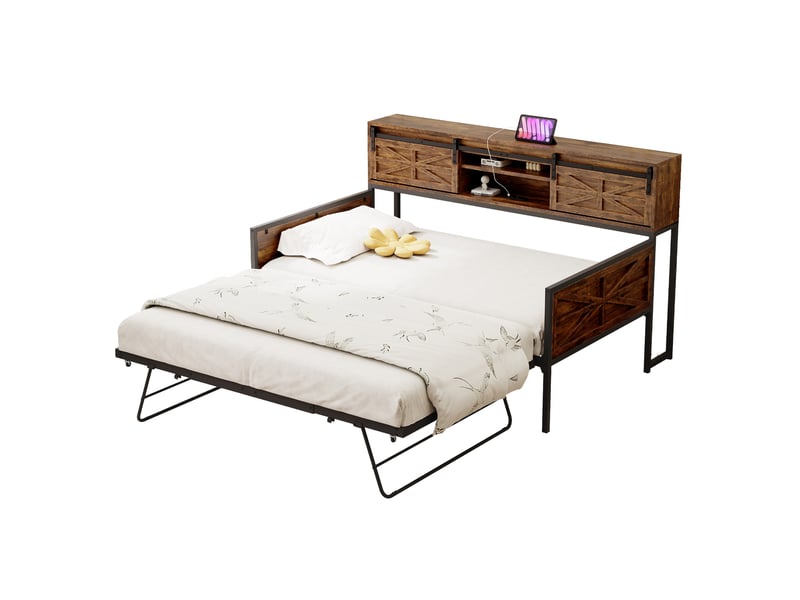 Lit gigogne 90x200 cm avec multiples compartiments de rangement - canapé-lit en fer - noir + marron - sans matelas  - Conforama D