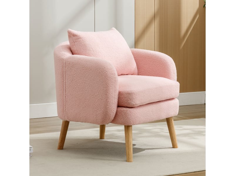  Fauteuil en teddy avec grand coussin dorsal et assise épaisse, structure en bois massif, rose  - Conforama D