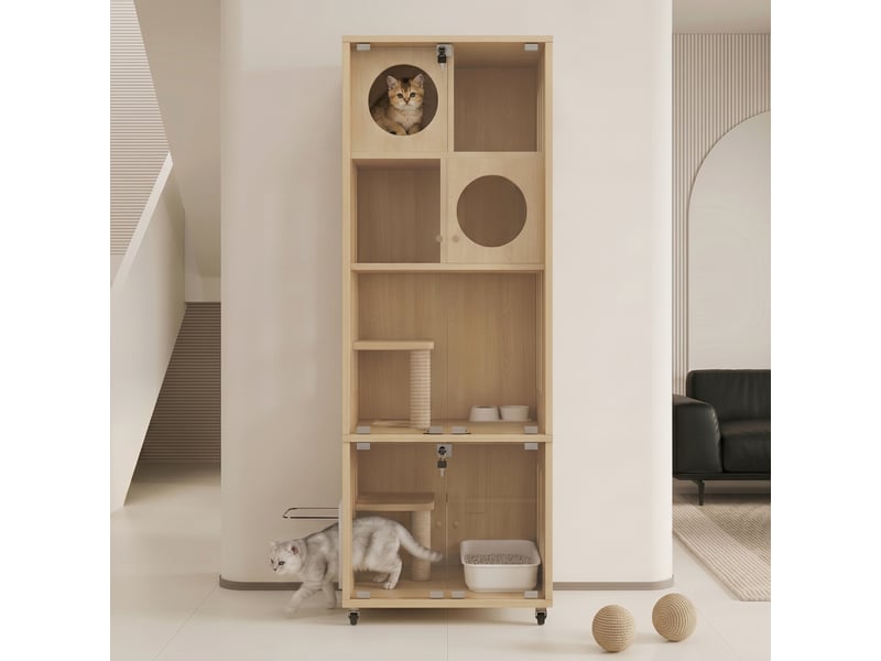  Meuble vitré mobile 60 x 50 x 156 cm, avec roulettes, trappe d’accès et serrure, finition naturelle  - Conforama E