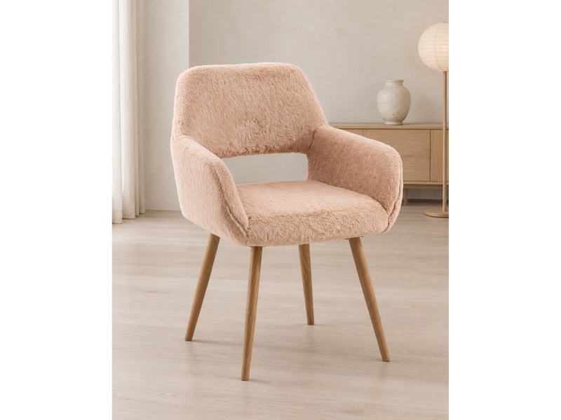  Chaise 1 pièce avec accoudoirs, dossier ajouré, en fausse fourrure camel  - Conforama D