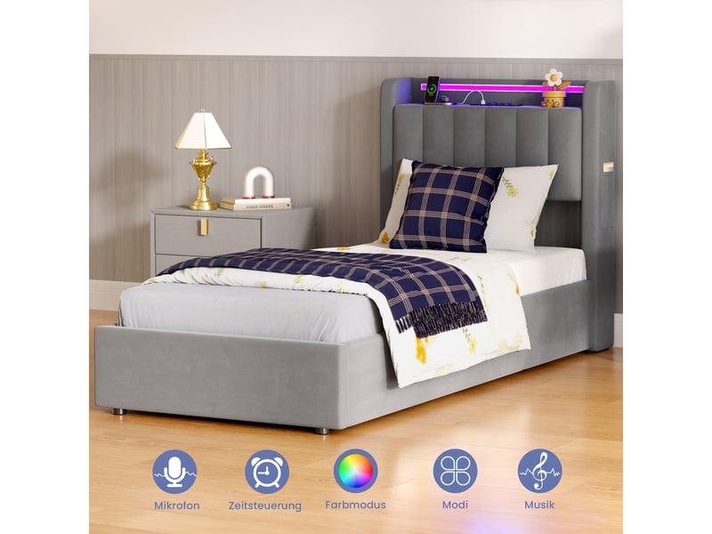  Lit pour enfant 90 × 200 cm 1 place avec prises électriques et éclairage led, lit rembourré avec coffre de rangement, grand espace de rangement, avec matelas, gris  - Conforama C