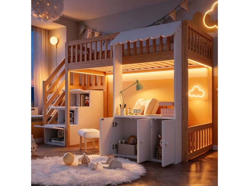  Lit mezzanine 90x200 cm avec rangement intégré et led multicolore - lit enfant avec escalier de rangement - bois naturel  - Conforama B