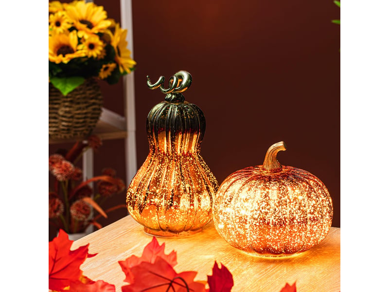  Lot de 2 décorations citrouille en verre avec led, citrouilles dorées effet verre mercure à piles, figurines lumineuses pour décoration d’automne et thanksgiving  - Conforama E