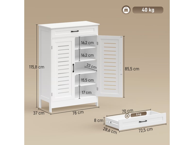 Meuble à chaussures avec portes en filet, tiroir et étagères réglables pour 20 paires de chaussures, 78 x 37 x 115,8 cm, blanc - Conforama D