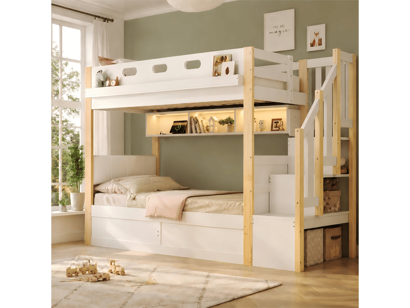  Lit superposé enfant 90x200 cm avec coffre de rangement hydraulique, escalier de rangement, led, usb, tête de lit pu, bois massif blanc et naturel Radiant Stride - Conforama D